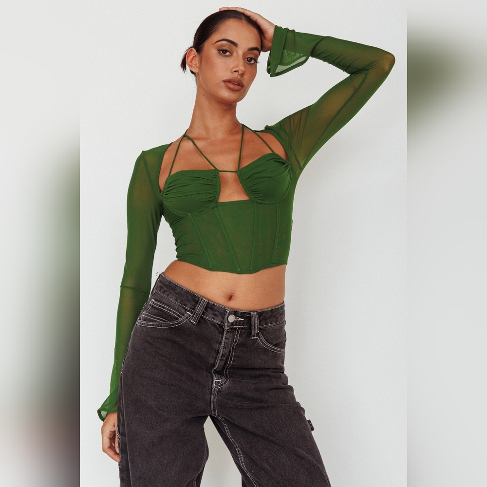 Fashionnova Women's Melanie Corset Mesh Long Sleeve String Tie Top Forest